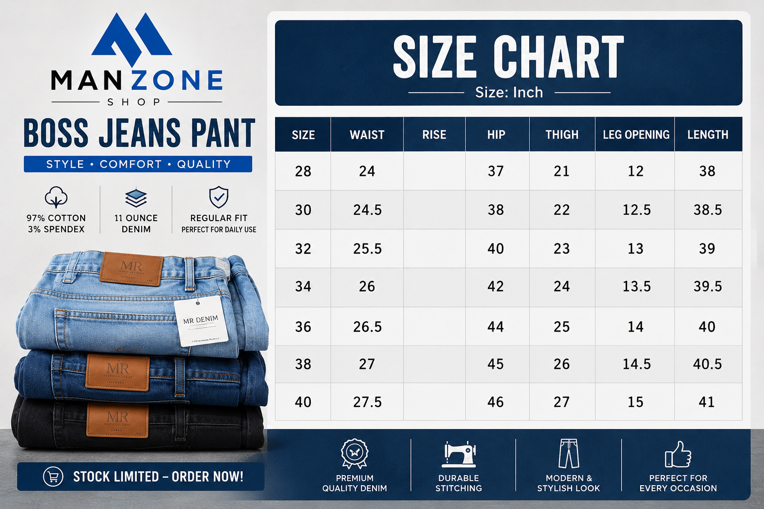 Size chart for BOSS 2 PCS Combo | Deep Blue & Sky Blue